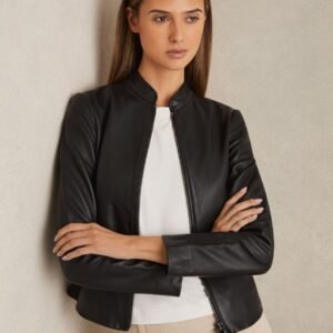 leather collarless biker jacket in black