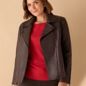 Home leather zip cuff biker jacket brown