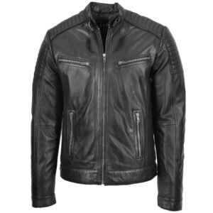 Home men's leather racer biker jacket black