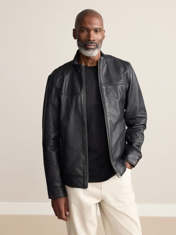 black soft leather funnel neck jacket